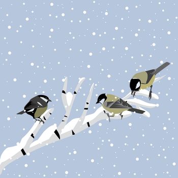 Winter background with tits on birch branch