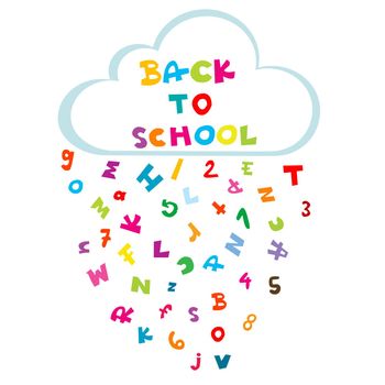 Back to school illustration with cloud and rain made of letters and numbers