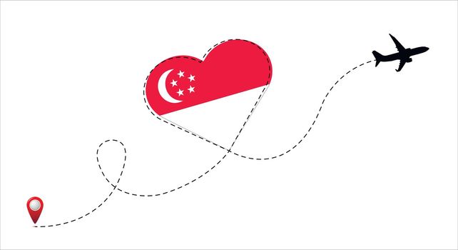 Airplane flight route with Singapore flag inside the heart.