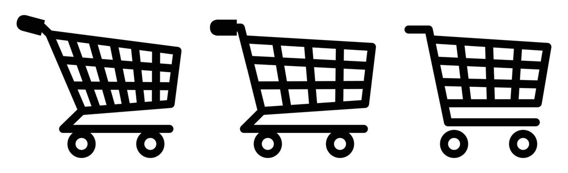 Shopping cart icon. Symbol used to add items to basket in eshop. Three versions, complex to more simple.