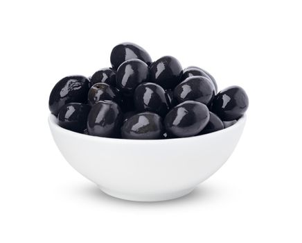 Bowl of marinated olives isolated on white