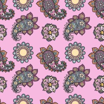 Illustration raster seamless paisley pattern with patterns on pink background