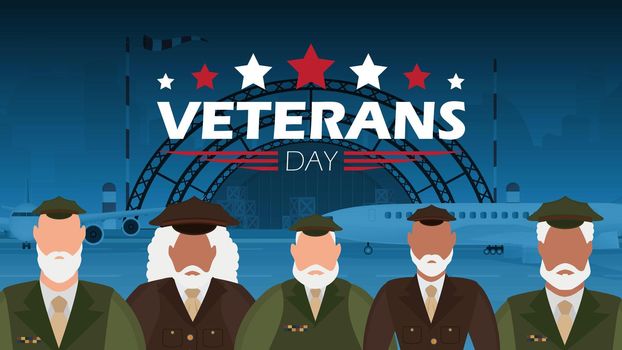 Veterans day banner with a wished man in uniform. Vector.