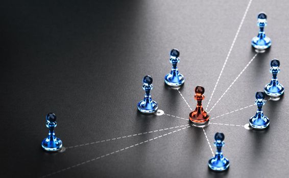 Business links and relationship concept. Red and blue pawns linked by white doted lines over black background. 3d illustration.