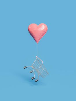shopping cart flying with heart shaped balloons tied to it