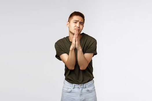 Clingy taiwanese teenage guy begging parents let him go party, shaking pleading hands, clasp arms together in pray and frowning, asking help, appologizing, standing grey background