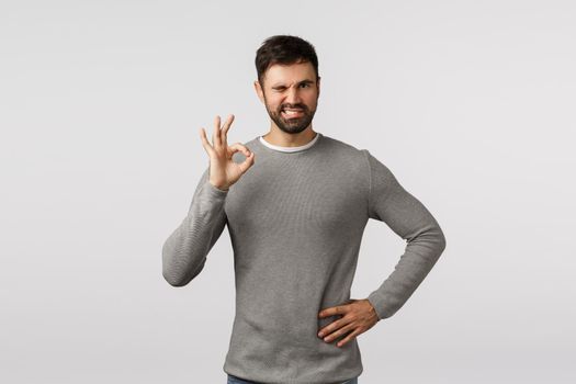 Everything under control. Sassy, assertive charismatic bearded man in grey sweater, wink confident, cant rely on me, show okay, ok gesture, approve product, like idea, accept plan, white background