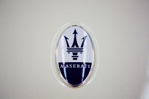 Ukraine, Kyiv - October 10, 2021: Close up logo Maserati. Presentation of new models Maserati