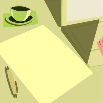 Laptop Resting On A Table Beside Coffee Mug And Plain Sheet Showing Work Process. Minicomputer Sitted Top Of Desk Next To Cup Along With Paper Displaying Remote Job Projects.