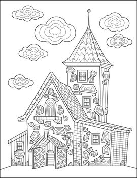 Old Victorian House Line Drawing With Geometric Details And Clouds For Coloring Book