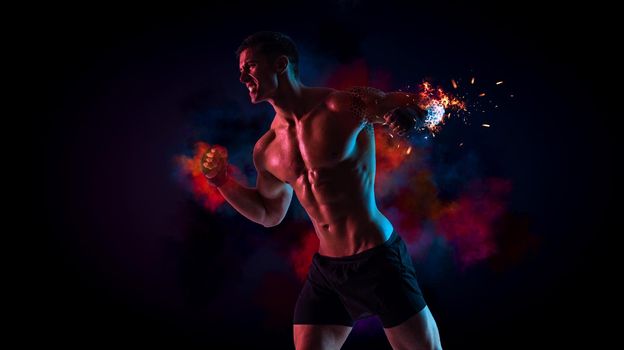 Boxing concept. Sportsman muay thai boxer fighting in gloves. Isolated on neon background. Copy Space.
