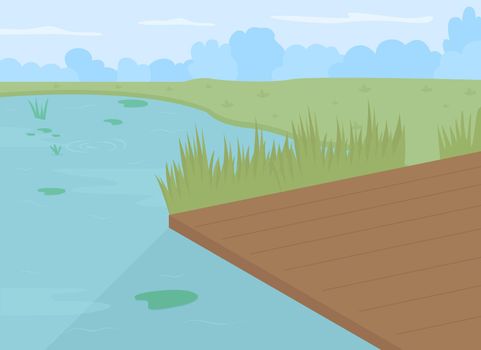 Pond with dock flat color vector illustration