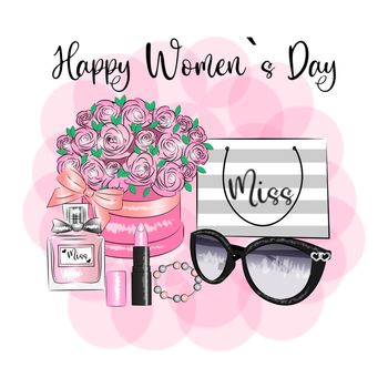 From March 8, Postcard with Women's Day, Beautiful women's accessories, flowers, package, fashionable glasses, hand lettering, Design of greeting cards, print on textiles, gift wrapping