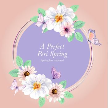Wreath template with peri spring flower concept,watercolor style