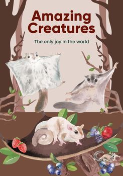 Poster template with adorble sugar gliders concept,watercolor style