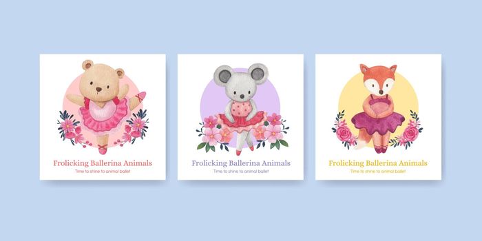 Banner template with Fairy ballerinas animals concept,watercolor style
