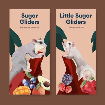 Flyer template with adorble sugar gliders concept,watercolor style