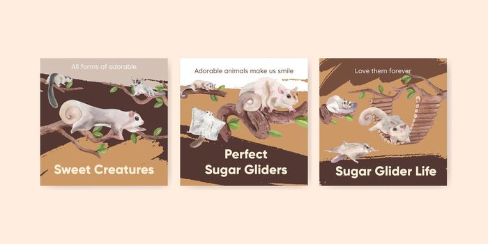 Banner template with adorble sugar gliders concept,watercolor style