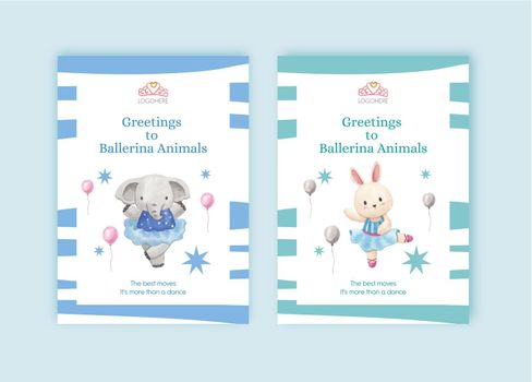 Greeting card template with Fairy ballerinas animals concept,watercolor style
