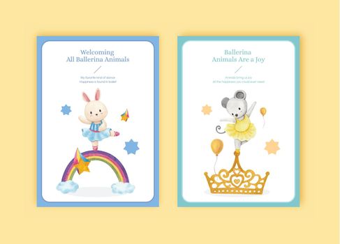Greeting card template with Fairy ballerinas animals concept,watercolor style
