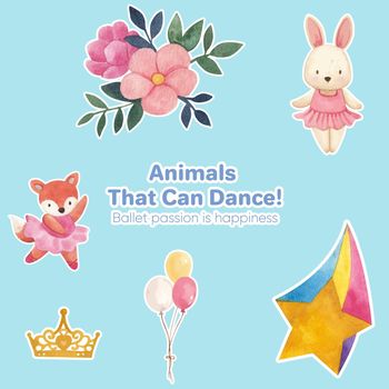 Sticker template with Fairy ballerinas animals concept,watercolor style
