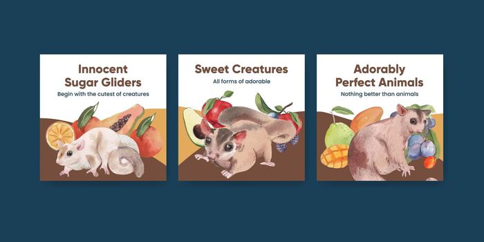 Banner template with adorble sugar gliders concept,watercolor style