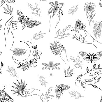 Background of leaves, hands, butterflies and dragonflies.