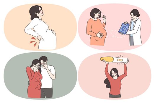 Pregnancy healthcare and support concept. Set of pregnant woman feeling pain in back looking at ultrasound from doctor crying after losing baby feeling happy knowing of pregnancy vector illustration