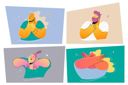 Emotion, face expression set concept. Positive and negative emotional people illustration for print. Collection of men women cartoon characters pointing down laughing showing prohibition and denial.