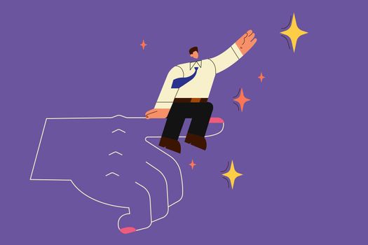 Helping hand, success, business development concept. Businessman sitting on huge human hand and reaching out for star achieving goal and target over purple background