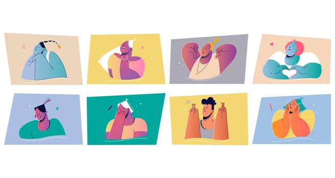 Emotion, face expression set concept. Positive and negative emotional people illustration for print. Collection of men women characters crossing fingers for luck showing dislike sign heart symbol.