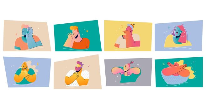 Emotion, face expression set concept. Positive and negative emotional people illustration for print. Collection of men women cartoon characters listening rumours thinking crossing arm with denial.