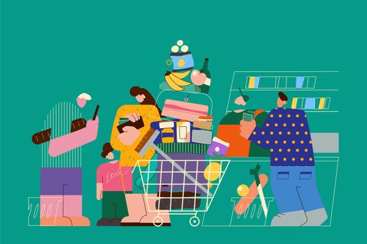 Shopping with family during covid-19 concept. Customers people characters in medical masks stand in line in grocery store goods in shopping trolley bags for purchase at cashier vector illustration