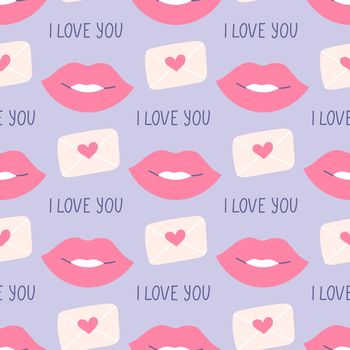 Lips kissing, declaration of love, valentine, vector seamless pattern in flat style