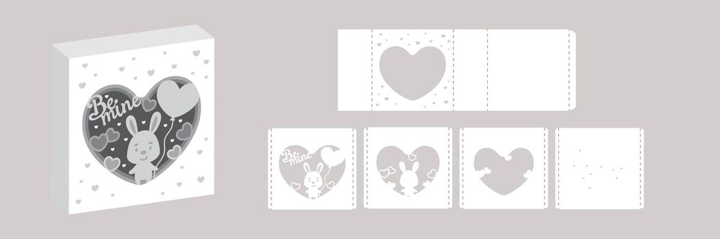 Valentine's day paper carve tunnel card hare with balloon. 3D popup layers card. Modern origami design template. 3d paper lightbox template. Vector stock illustration.