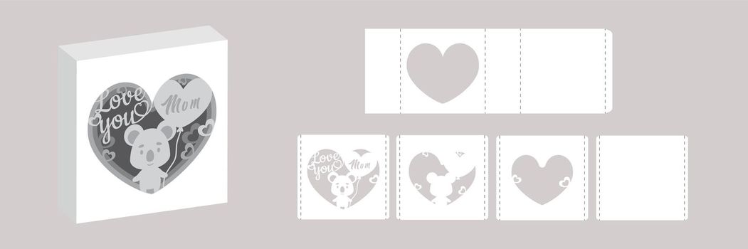 Valentine's day paper carve tunnel card koala with balloon. 3D popup layers card. Modern origami design template. 3d paper lightbox template. Vector stock illustration.