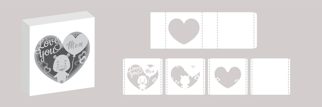 Valentine's day paper carve tunnel card hippo with balloon. 3D popup layers card. Modern origami design template. 3d paper lightbox template. Vector stock illustration.
