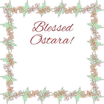 Pagan Festival Ostara greeting card. Vector frame design in pastel colors with lettering Blessed and happy Ostara.