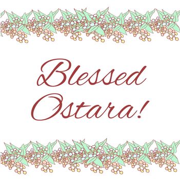 Pagan Festival Ostara greeting card. Vector frame design in pastel colors with lettering Blessed and happy Ostara.