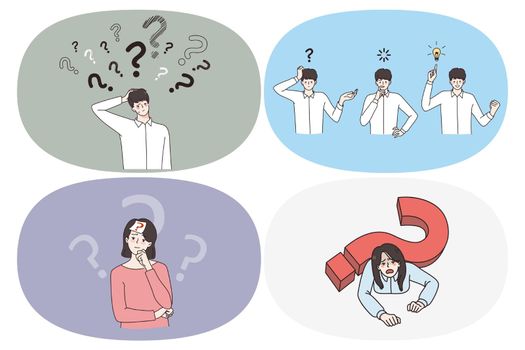 Frustration doubt and thinking concept. Set of young people with question mark around feeling doubt trying to find best decision need help or great idea for business vector illustration