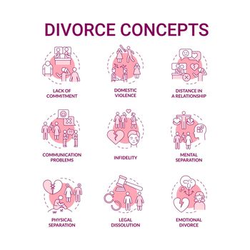 Divorce pink concept icons set