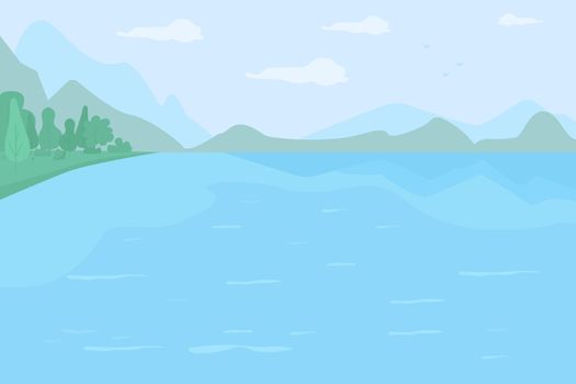 Large lake surrounded by hills flat color vector illustration