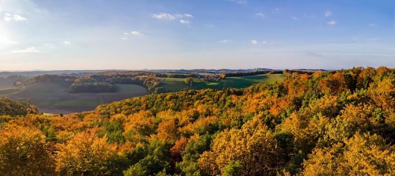 Aerial Autumn color View on the border of Styria and Burgenland, Austria