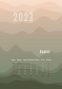 2023 august vertical calendar every month separately. monthly personal planner template. Peak silhouette abstract gradient colorful background, design for print and digital