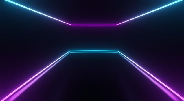 3d render of RGB neon light on darkness background. Abstract Laser lines show at night. Ultraviolet spectrum beam scene 
