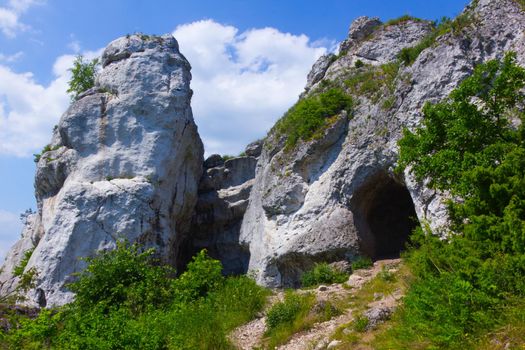 Rock formation with cave at Podlesice, Poland