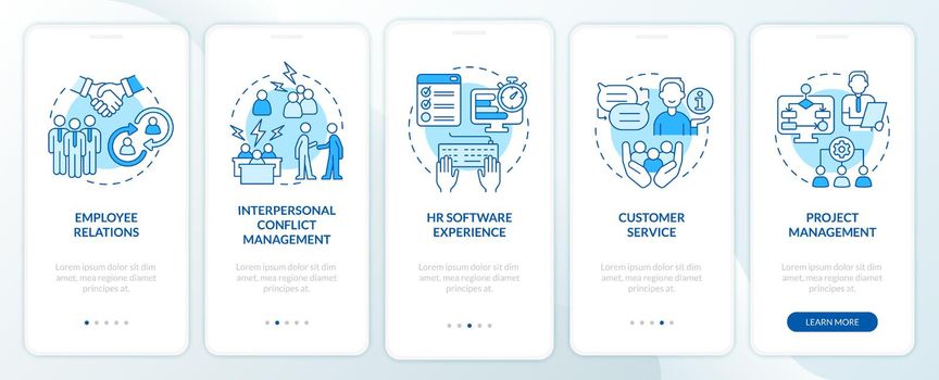 Skills for human resources manager blue onboarding mobile app screen