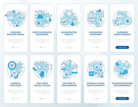 Business transparency blue onboarding mobile app screen set