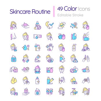 Skincare routine RGB color icons set