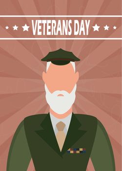 Veterans day banner. An elderly veteran in military uniform. Cartoon style.
